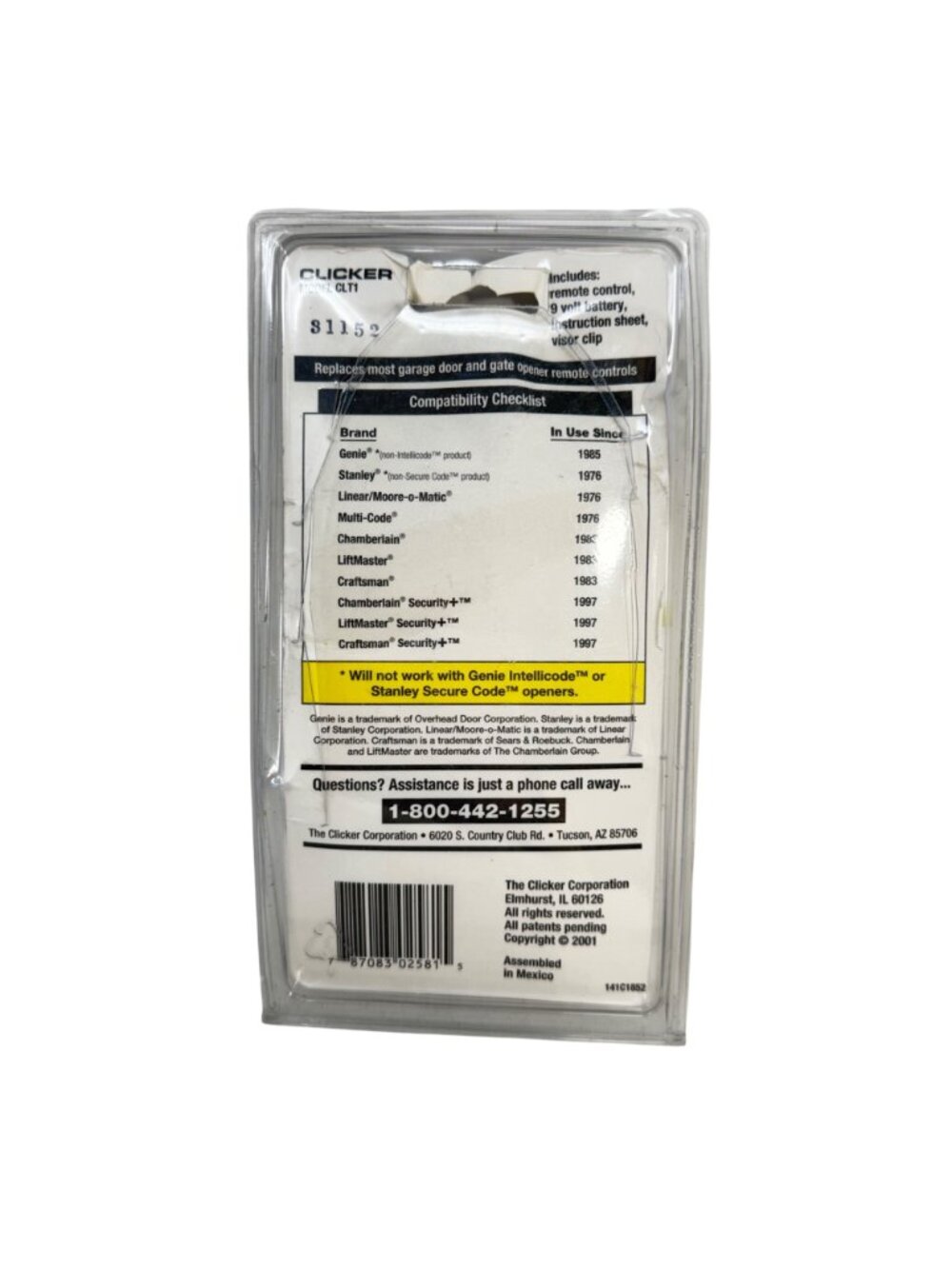 Clicker CLT1 Universal Garage Door Opener Remote Control 2-Button w/Original PKG - Picture 2 of 5